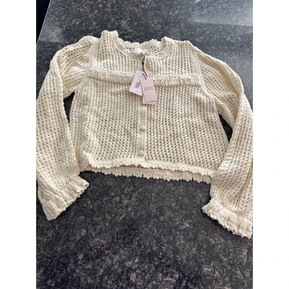 Cinq a Sept Ivory Crochet Cardigan Scalloped Open Knit Button Sweater NWT Sz L